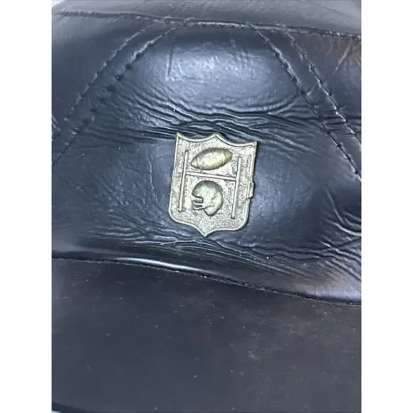 Vintage Leather Football Cap Brass Shield Ear Flaps Lined Size M Black